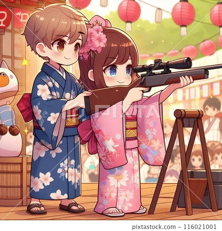 插畫素材:夏日祭典中享受射擊的男女 插畫素材:夏日祭典中享受射擊的男女 116021001