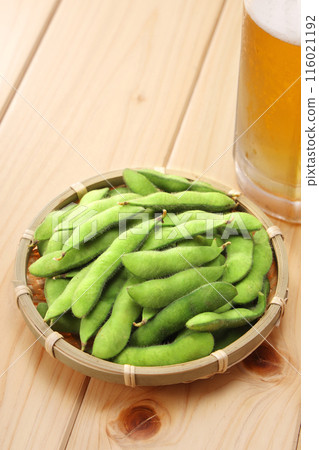 Fresh edamame beans in a colander 116021192