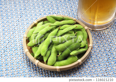 Fresh edamame beans in a colander 116021210