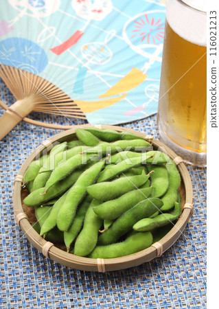 Fresh edamame beans in a colander Fresh edamame beans in a colander 116021213