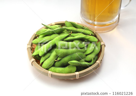 Fresh edamame beans in a colander 116021226