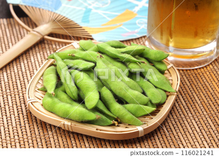 Fresh edamame beans in a colander 116021241