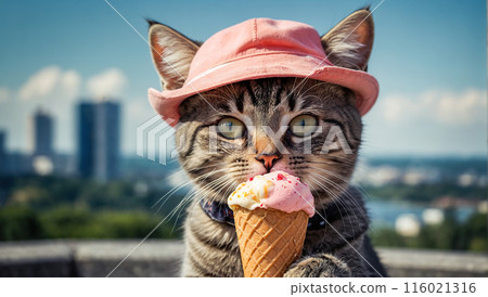 A playful tabby cat enjoys an ice cream cone while wearing a pink hat, capturing a fun and whimsical moment. 116021316