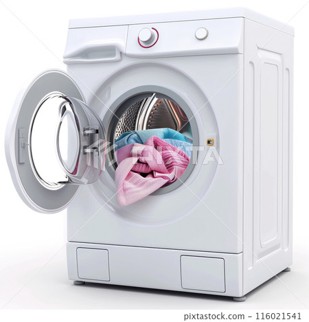 Front-loading washer with mixed color laundry visible through the open door isolated on the white background. Ideal for advertising laundry appliances and home care products. 116021541