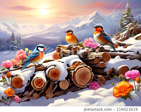 Rotting log and beautiful little birds in winter. Rotting log and beautiful little birds in winter. 116021619