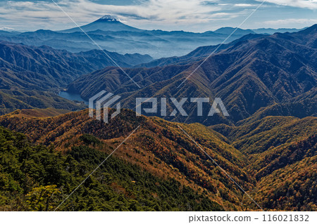 從奧道部/笹平看到的紅葉山脈和富士山 116021832