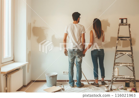 A married couple is painting the walls clound to decorate their new home. The color is warm. 116021963