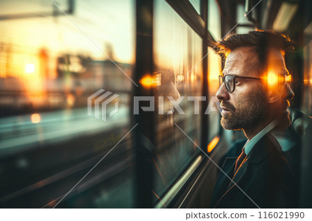 Businessman looks out the window while traveling to work by train during morning rush hour. Businessman looks out the window while traveling to work by train during morning rush hour. 116021990