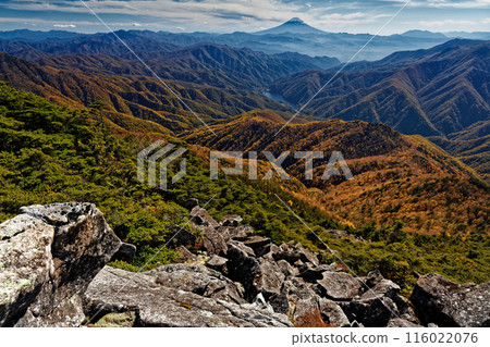 Autumn foliage and a view of Mt. Fuji from the summit of Mt. Hafu in Okuchichibu Autumn foliage and a view of Mt. Fuji from the summit of Mt. Hafu in Okuchichibu 116022076