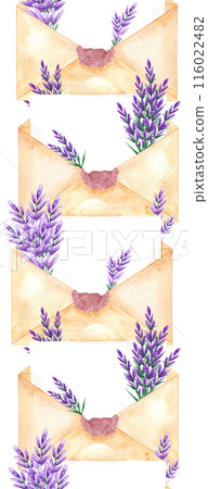 Hand drawn watercolor letter with lavender flowers seamless vertical border isolated on white background. Can be used for textile, tape and other printed products. 116022482