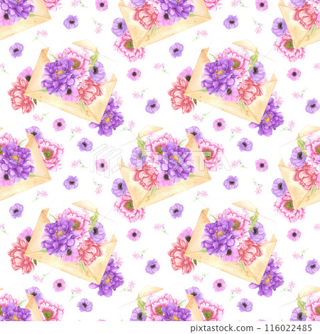 Hand drawn watercolor letter with bouquet of flowers seamless pattern isolated on white background. Can be used for textile, fabric and other printed products. 116022485