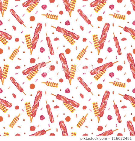 Hand drawn watercolor ice-cream popsicle and berries seamless pattern isolated on white background. Can be used for textile, fabric, wrapping and other printed products. Hand drawn watercolor ice-cream popsicle and berries seamless pattern isolated on white background. Can be used for textile, fabric, wrapping and other printed products. 116022491