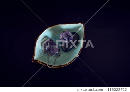 amethyst ring and pendant necklace on black background, jewelry 116022712