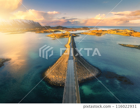 Aerial view of bridge over the sea and snowy mountains in Lofoten 116022931