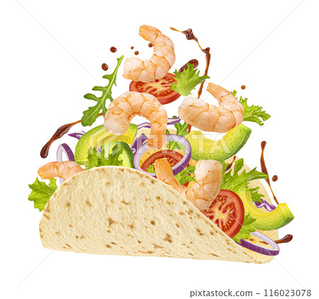 Shrimp wrap, seafood taco isolated on white background with clipping path, full depth of field 116023078
