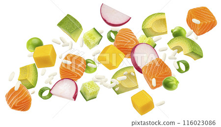 Falling salmon poke ingredients isolated on white background with clipping path Falling salmon poke ingredients isolated on white background with clipping path 116023086