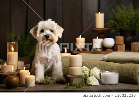 Cute dog being pampered with spa treatments, ideal copy space for text and advertisements 116023236