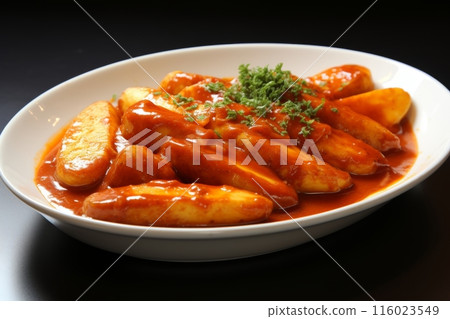 Delicious and appetizing tteokbokki. spicy rice cake - authentic south korean dish for food lovers 116023549