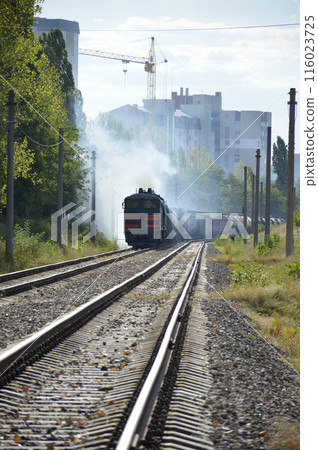 The freight train is driven by a diesel locomotive. railroad in the city 116023725
