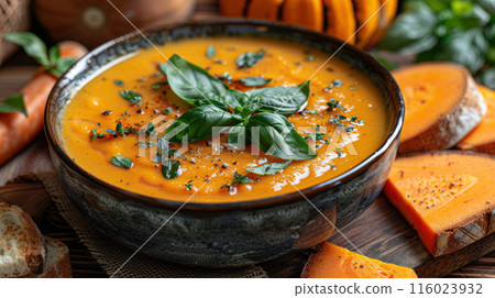Bowl of creamy pumpkin soup garnished with fresh basil leaves on wooden table with slices of bread Bowl of creamy pumpkin soup garnished with fresh basil leaves on wooden table with slices of bread 116023932