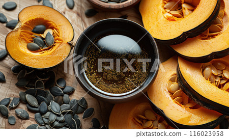 Rustic still life photograph whole pumpkins and ceramic bowl filled with green pumpkin seeds 116023958