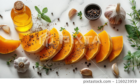 Bottle pumpkin oil surrounded whole pumpkins and pumpkin seeds placed on wooden surface 116023959