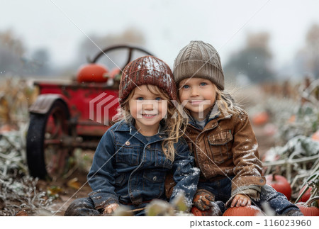 Two children sitting on pumpkins in pumpkin patch next red cart. Clear blue sky autumn landscape 116023960