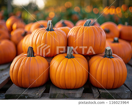 Large pile orange pumpkins stacked together, background blurred to highlight detailed textures Large pile orange pumpkins stacked together, background blurred to highlight detailed textures 116023964