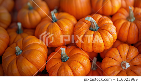 Large pile orange pumpkins stacked together, background blurred to highlight detailed textures 116023969