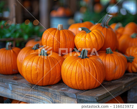 Large pile orange pumpkins stacked together, background blurred to highlight detailed textures 116023972