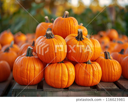 Large pile orange pumpkins stacked together, background blurred to highlight detailed textures 116023981