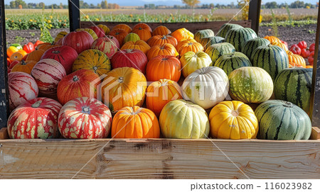 Harvest different varieties watermelons, orange, green, yellow, white on pickup truck standing Harvest different varieties watermelons, orange, green, yellow, white on pickup truck standing 116023982