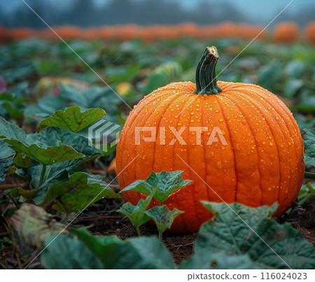 Close up single large pumpkin in pumpkin field, surrounded by green plants and other pumpkins Close up single large pumpkin in pumpkin field, surrounded by green plants and other pumpkins 116024023