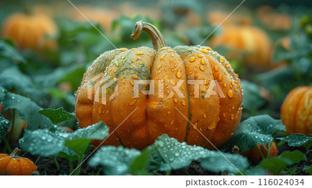 Close up single large pumpkin in pumpkin field, surrounded by green plants and other pumpkins Close up single large pumpkin in pumpkin field, surrounded by green plants and other pumpkins 116024034