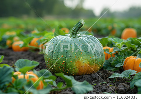 Close up single large pumpkin in pumpkin field, surrounded by green plants and other pumpkins Close up single large pumpkin in pumpkin field, surrounded by green plants and other pumpkins 116024035