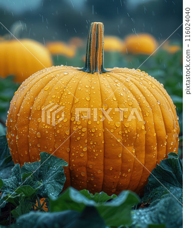 Close up single large pumpkin in pumpkin field, surrounded by green plants and other pumpkins 116024040