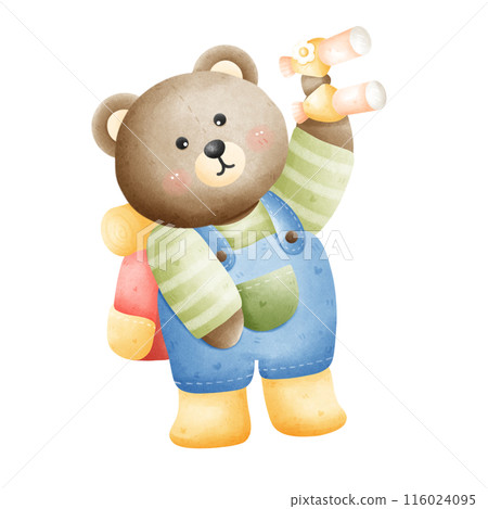 Cute bear traveler on an adventurous journey. Bear character hiking with a backpack. Animal for kids stories and fun adventures. 116024095