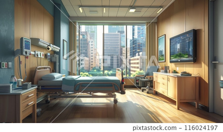An empty, modern hospital room with medical equipment, a bed, and bright lighting, showcasing cleanliness and advanced healthcare facilities 116024197