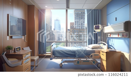 An empty, modern hospital room with medical equipment, a bed, and bright lighting, showcasing cleanliness and advanced healthcare facilities An empty, modern hospital room with medical equipment, a bed, and bright lighting, showcasing cleanliness and advanced healthcare facilities 116024211