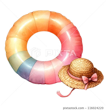A simple and cute illustration of a swim ring and straw hat 116024220
