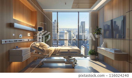 An empty, modern hospital room with medical equipment, a bed, and bright lighting, showcasing cleanliness and advanced healthcare facilities 116024240