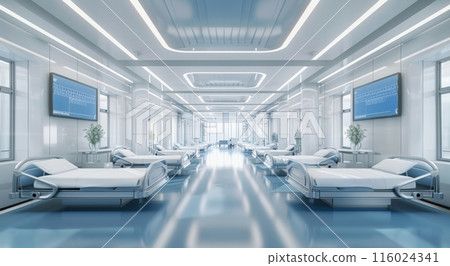 An empty, modern hospital room with medical equipment, a bed, and bright lighting, showcasing cleanliness and advanced healthcare facilities 116024341