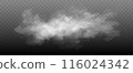 White smoke cloud isolated on transparent background. Vector smoke or fog 116024342