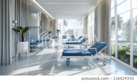 An empty, modern hospital room with medical equipment, a bed, and bright lighting, showcasing cleanliness and advanced healthcare facilities 116024350