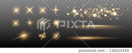 Set of Shine glowing stars. Vector Golden Sparks isolated. 116024389