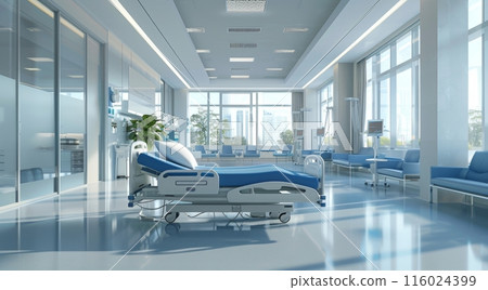 An empty, modern hospital room with medical equipment, a bed, and bright lighting, showcasing cleanliness and advanced healthcare facilities 116024399