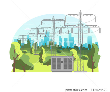 Cartoon Color Electricity Power Transmission Line Towers Landscape Scene Concept Flat Design Style. Vector illustration of Energy Distribution 116024529