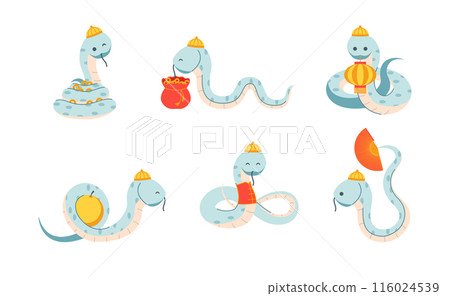 Cartoon Color Different Cute Funny Snakes Set Symbol of Chinese New Year Concept Flat Design Style. Vector illustration Cartoon Color Different Cute Funny Snakes Set Symbol of Chinese New Year Concept Flat Design Style. Vector illustration 116024539