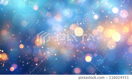 A vibrant display of colorful bokeh lights against a blurred blue background, featuring varying sizes of circular highlights. The image evokes a dreamy, festive atmosphere 116024551