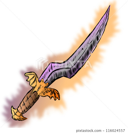 A small dagger with a bat and a glow around the blade. Vector illustration small knife with curved blade drawn in cartoon style with stroke 116024557